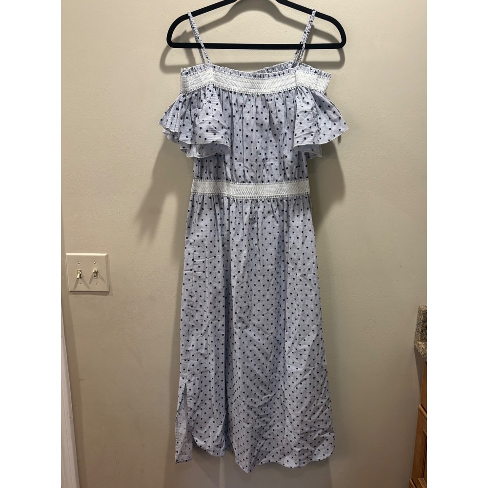 ViVi by Violet Weekend Seersucker Polka Dot Midi Dress Blue White Crochet Trim M